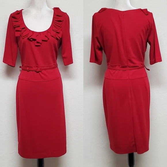 Vintage Dresses & Skirts - Retro Julian Taylor Red Front Ruffle Scoop Neck Belted Short Sleeve Midi Dress